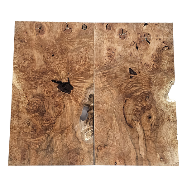 Beautiful 2-piece maple burl set with deep color, heavy burl and curl and interesting bark seams.