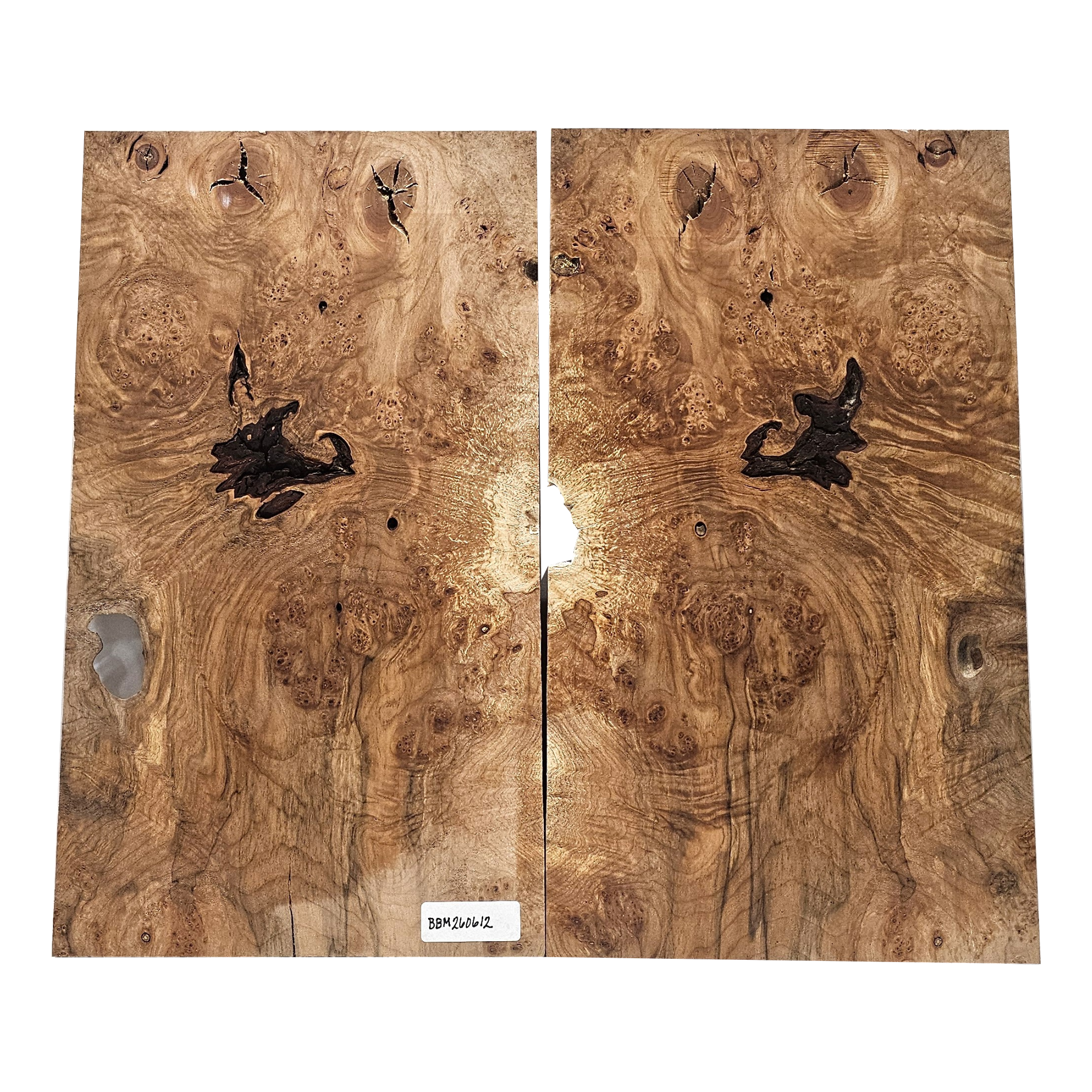 Beautiful 2-piece maple burl set with deep color, heavy burl and curl and interesting bark seams.