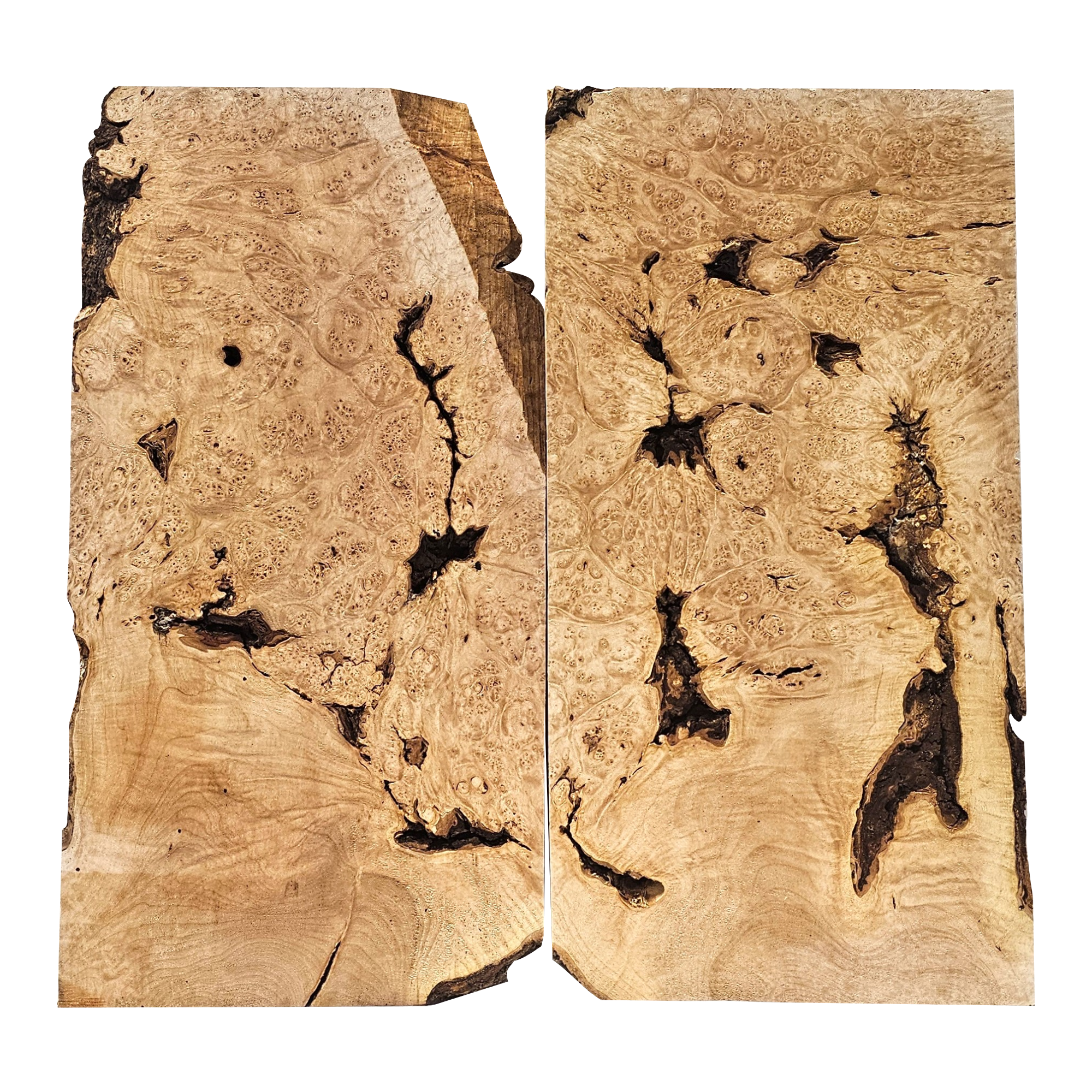 Gorgeous maple burl 2-piece set with heavy burl eyes, curl and bark seams.