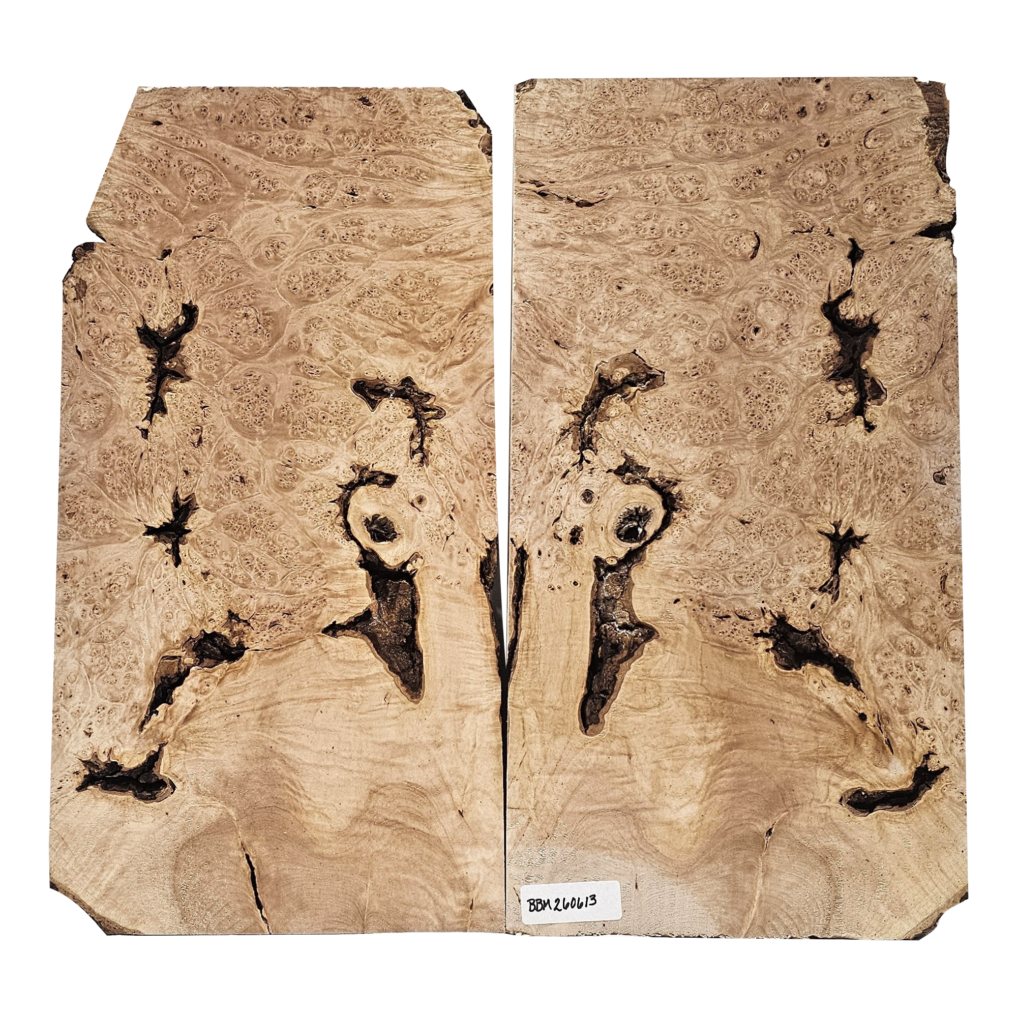 Gorgeous maple burl 2-piece set with heavy burl eyes, curl and bark seams.