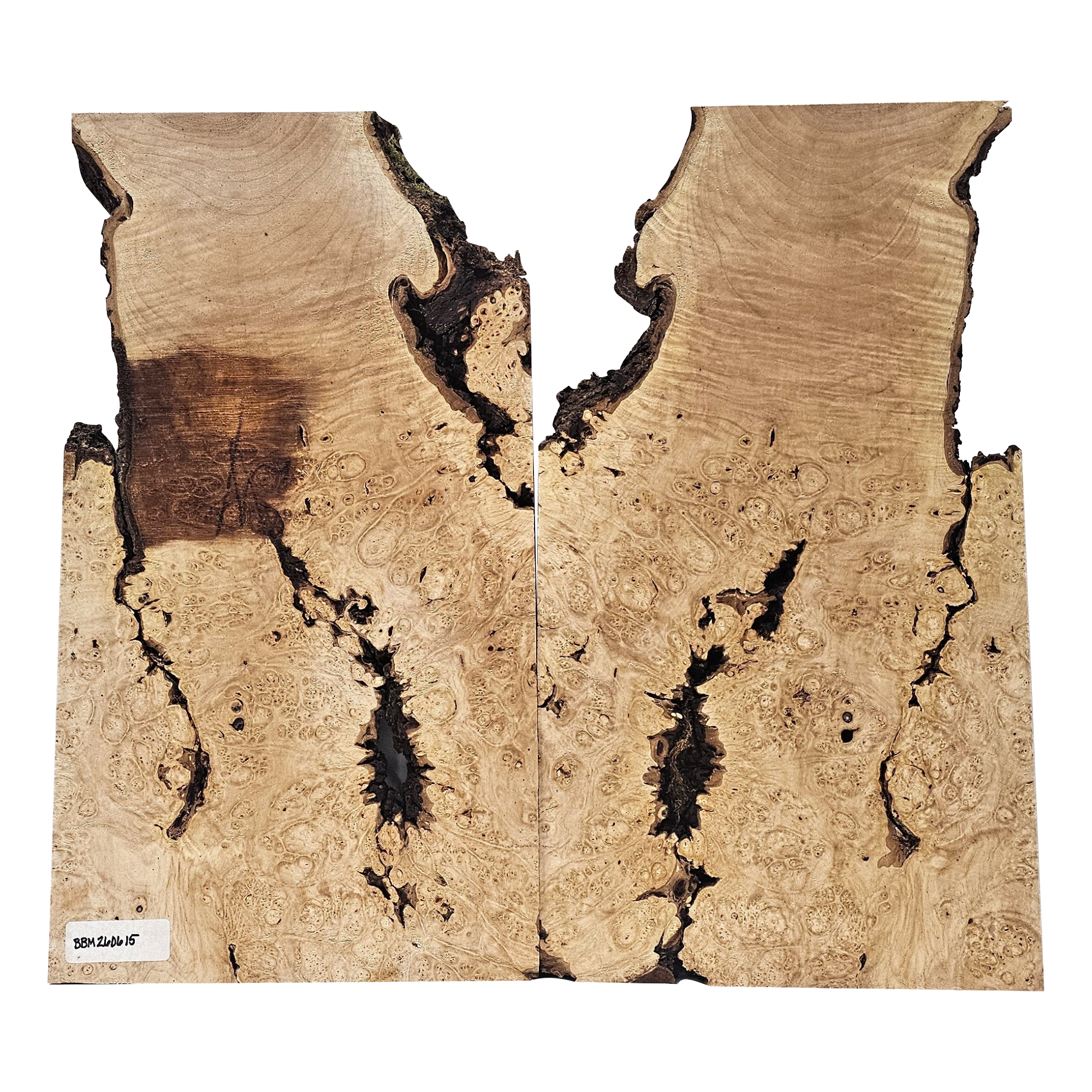 Interesting 2-piece maple burl set with heavy burl eyes, curl scattered throughout, bark seams and a partial live edge.