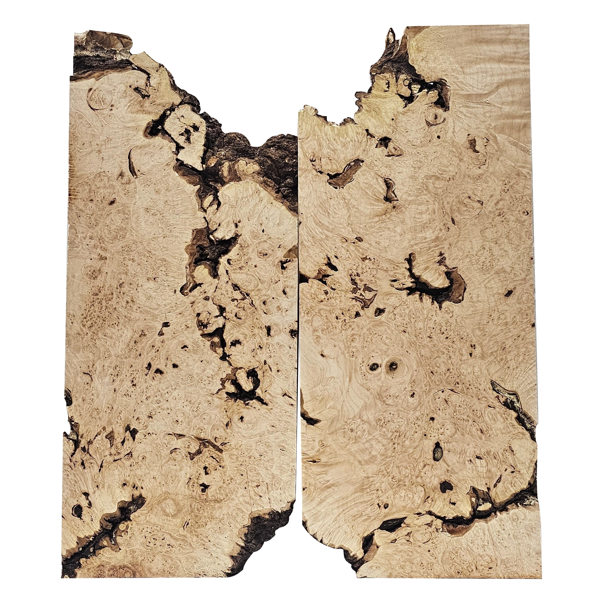Interesting 2-piece maple burl set with heavy burl eyes, curl scattered throughout, bark seams and a partial live edge.