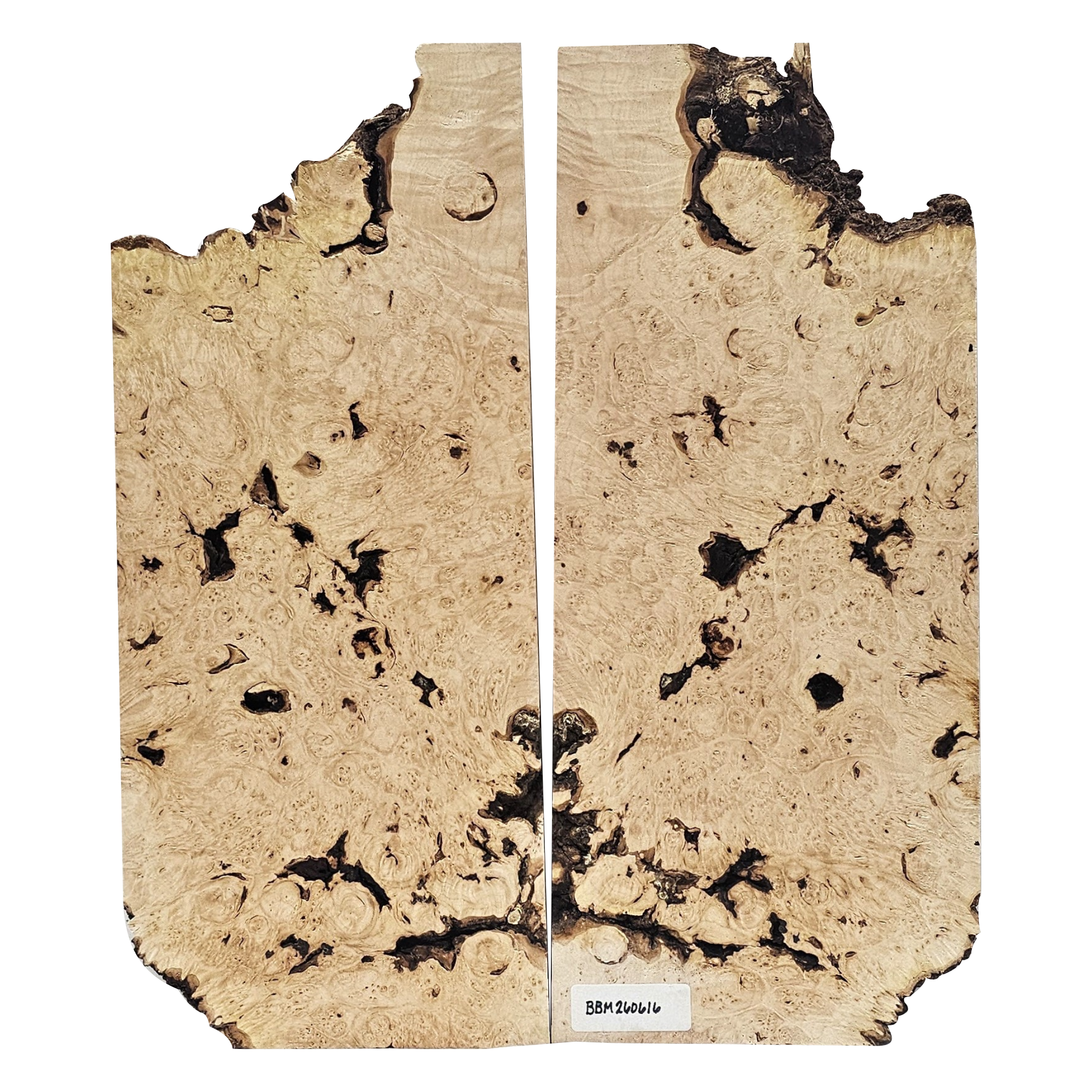 Interesting 2-piece maple burl set with heavy burl eyes, curl scattered throughout, bark seams and a partial live edge.