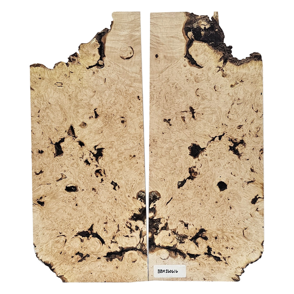 Interesting 2-piece maple burl set with heavy burl eyes, curl scattered throughout, bark seams and a partial live edge.