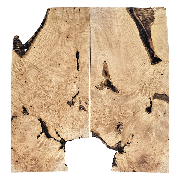Unique 2-piece maple burl set with heavy curl in addition to burl eyes and scattered bark seams.