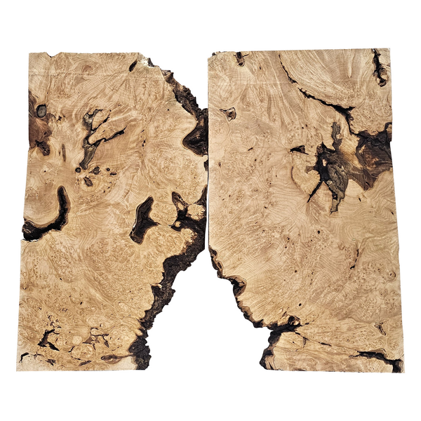 Beautiful 2-piece maple burl set with heavy burl eyes, scattered curl, bark seams and partial live edge.