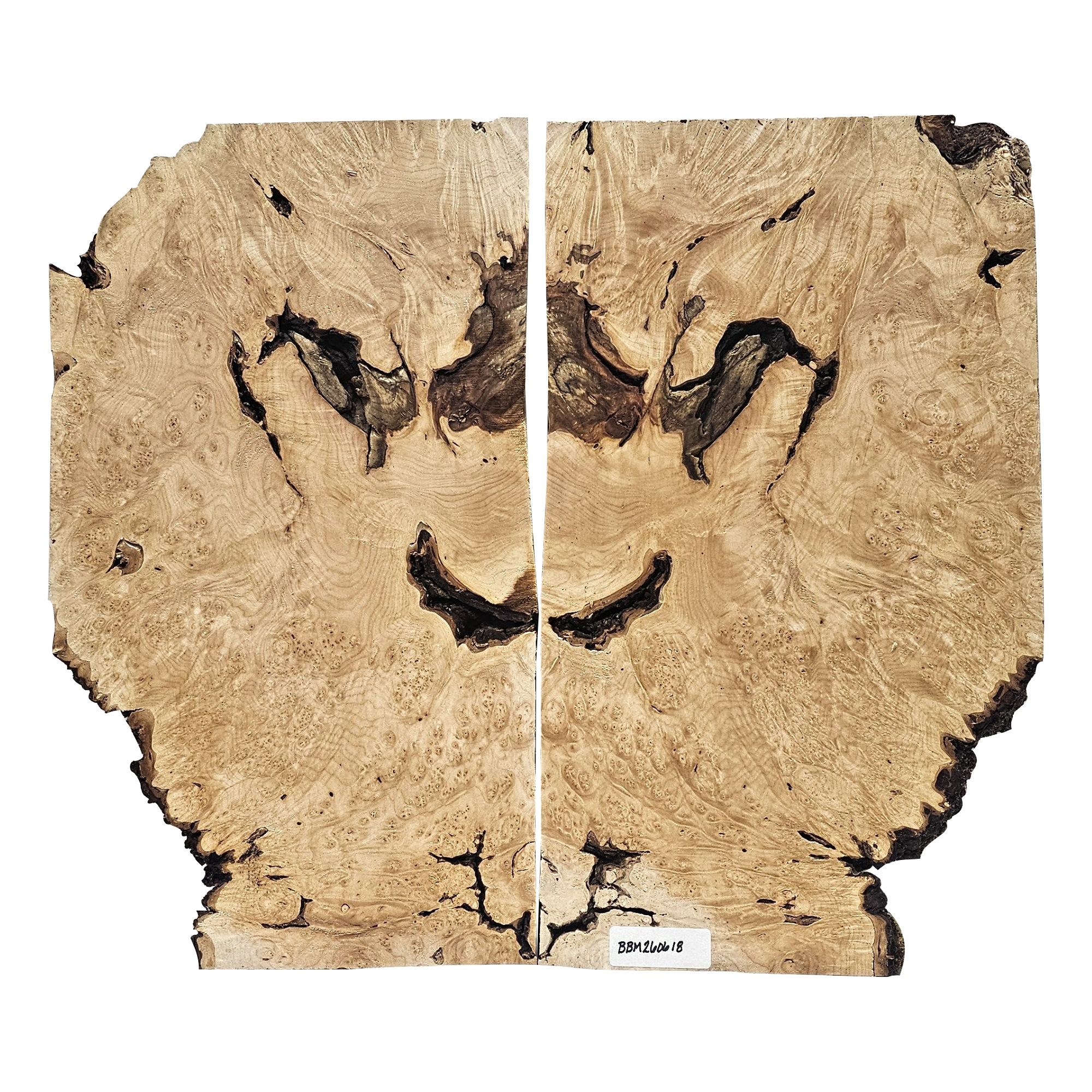 Beautiful 2-piece maple burl set with heavy burl eyes, scattered curl, bark seams and partial live edge.
