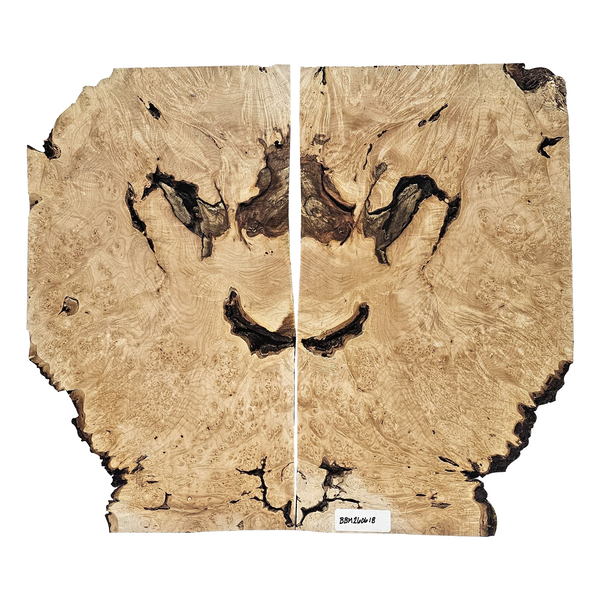 Beautiful 2-piece maple burl set with heavy burl eyes, scattered curl, bark seams and partial live edge.