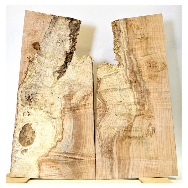 Interesting 2-piece maple burl set with light curl and multiple eye spots.