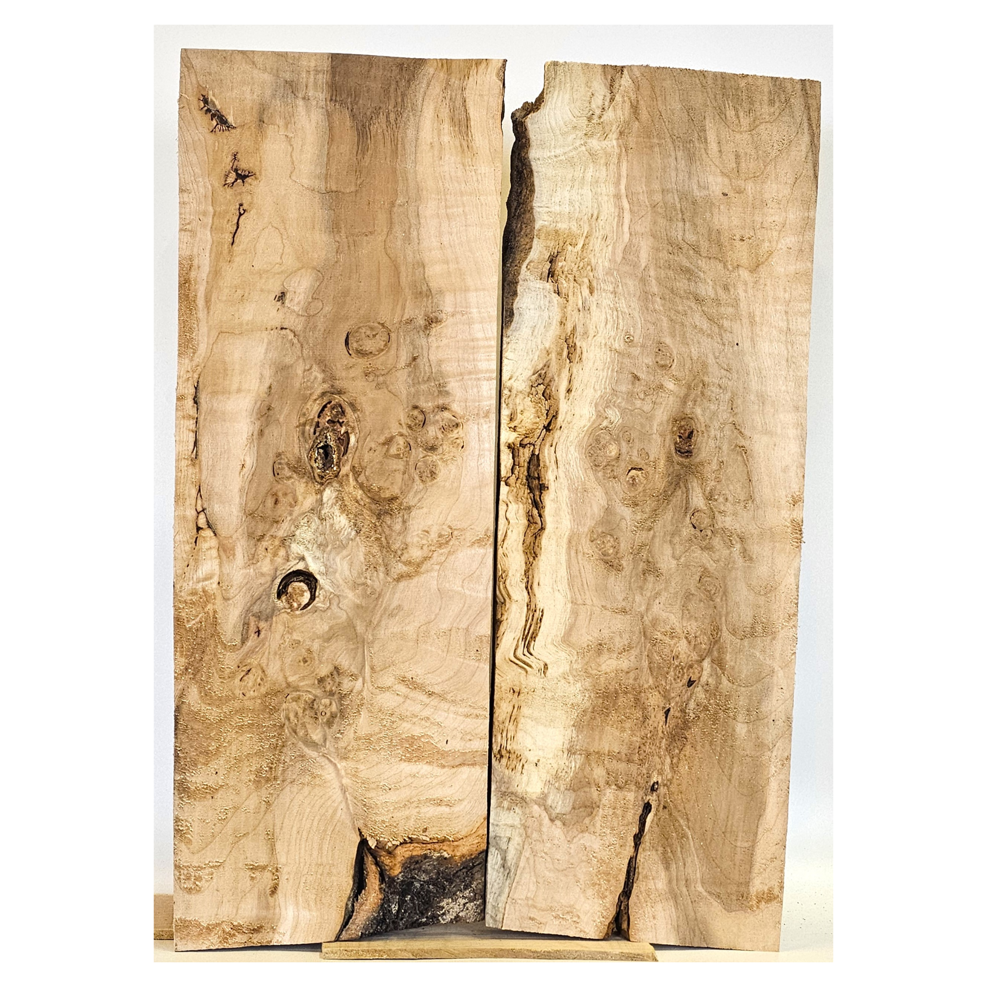 Beautiful maple burl 2-piece set with large eye spots, light curl, wonderful patterning, and rich color. 