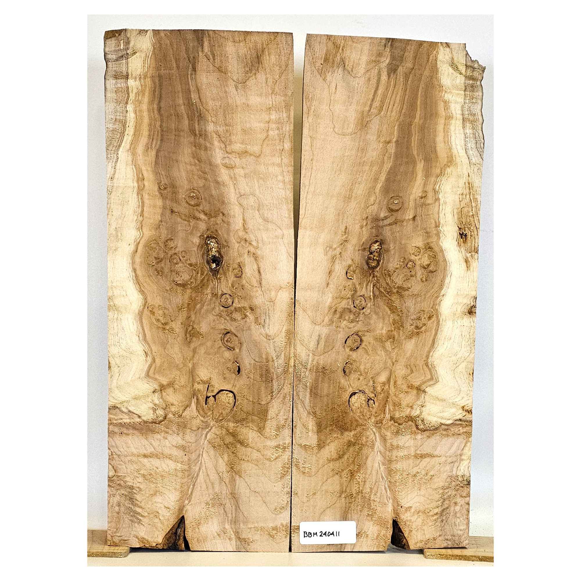 Beautiful maple burl 2-piece set with large eye spots, light curl, wonderful patterning, and rich color. 