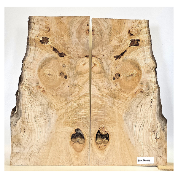 Wonderful maple burl book-matched set with interesting bark seams, light curl, large knots, voids, color variations and live edges.