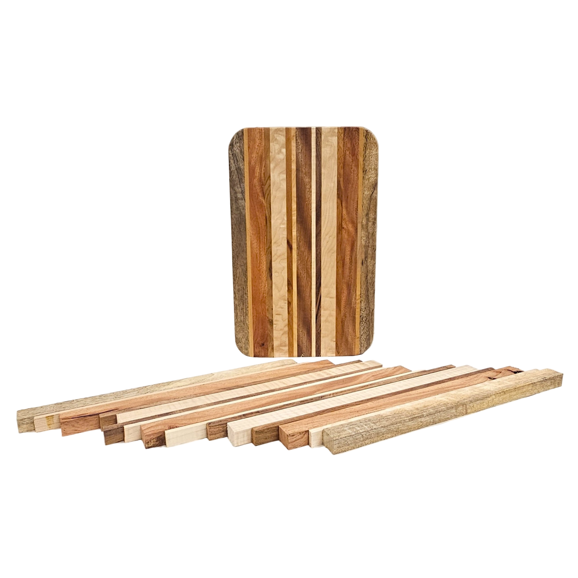 Cutting board kit showing finished and loose wood.