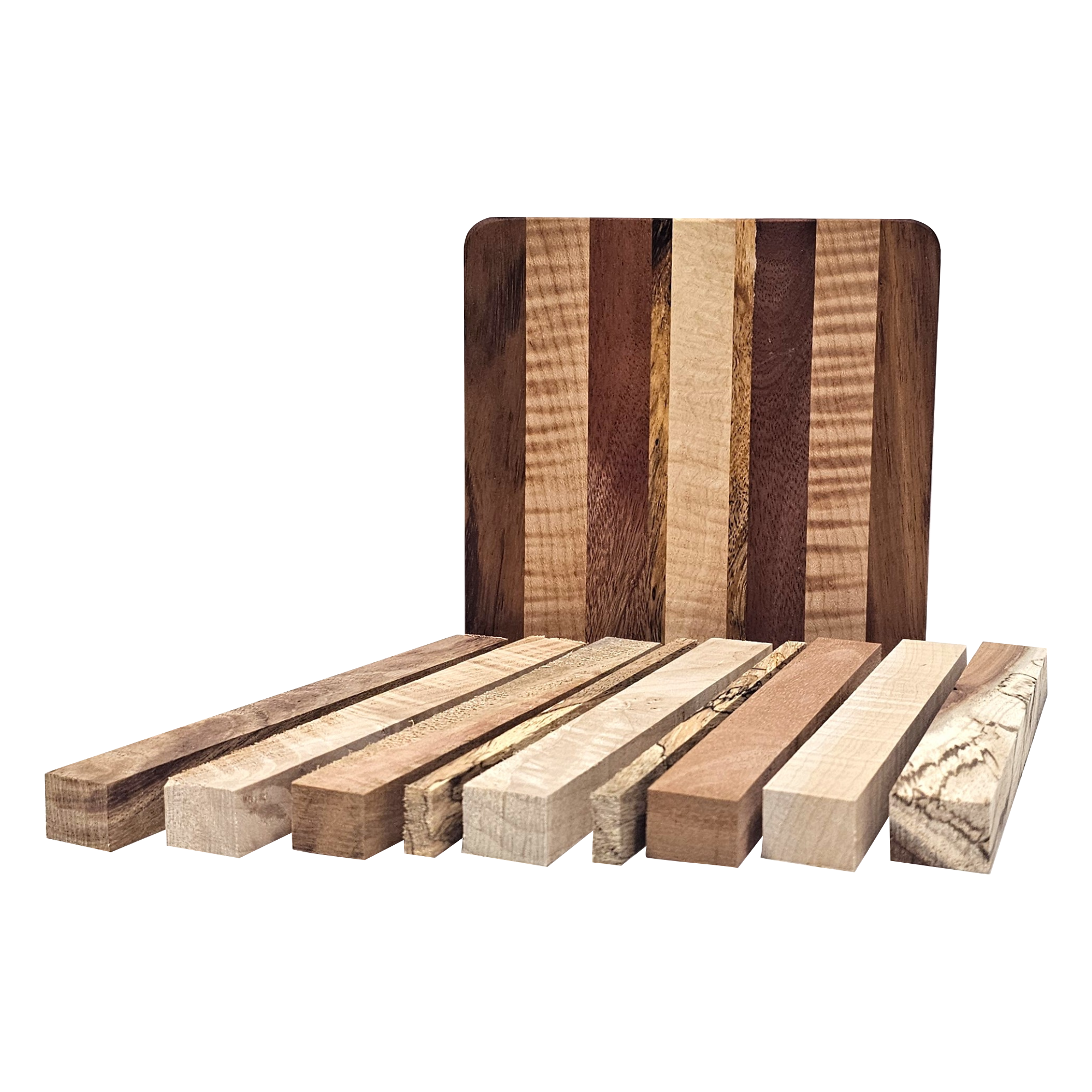 Set of wooden cutting boards with various grain patterns on a white background