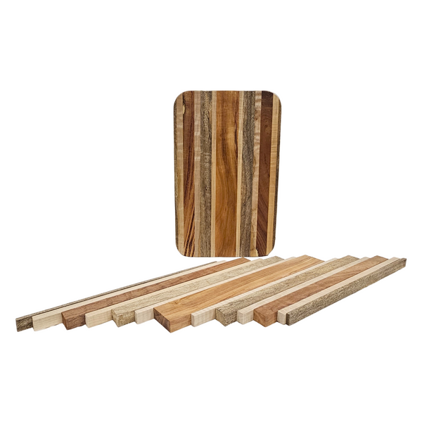 Cutting board kit showing finished board and kit pieces.