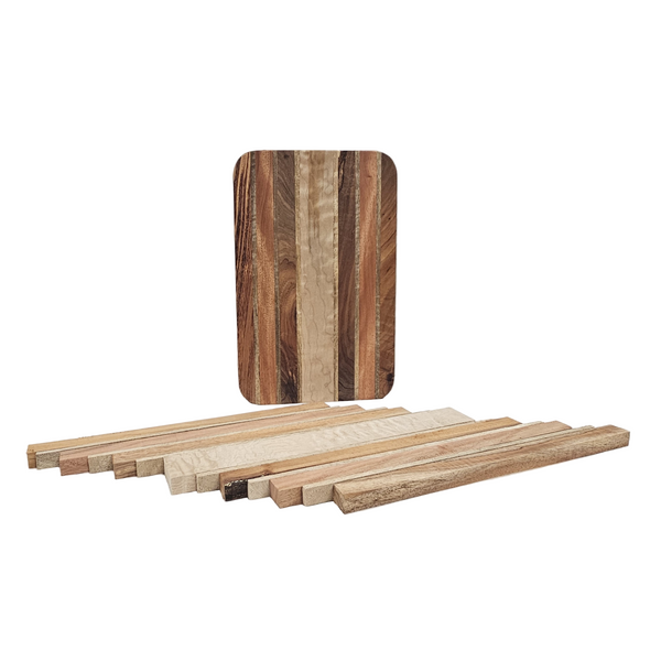 Cutting board kit showing finished board and kit pieces.