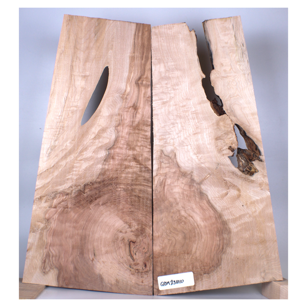 2-piece quilted maple book-matched set with two-tone color, light curl, and interesting void.