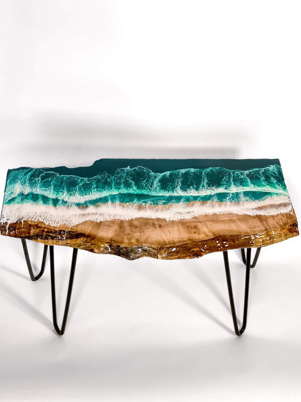 Maple flame wood turquoise colored ocean table by V-Rogers Designs