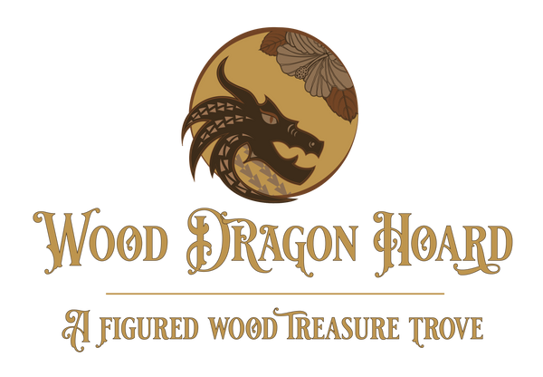 Wood Dragon Hoard logo, tagline reads A figured wood treasure trove