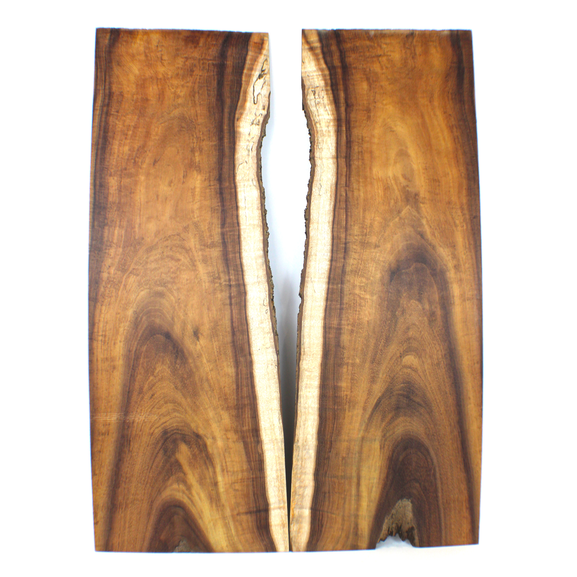 Long curly koa book matched set with pretty color, interesting grain lines and sap line. Curl is strong on the edges, where it is quartered, and softens to light flat sawn velvet in the center.  This set has been sanded to 400 grit.  Dimensions: Thickness (each piece): .25