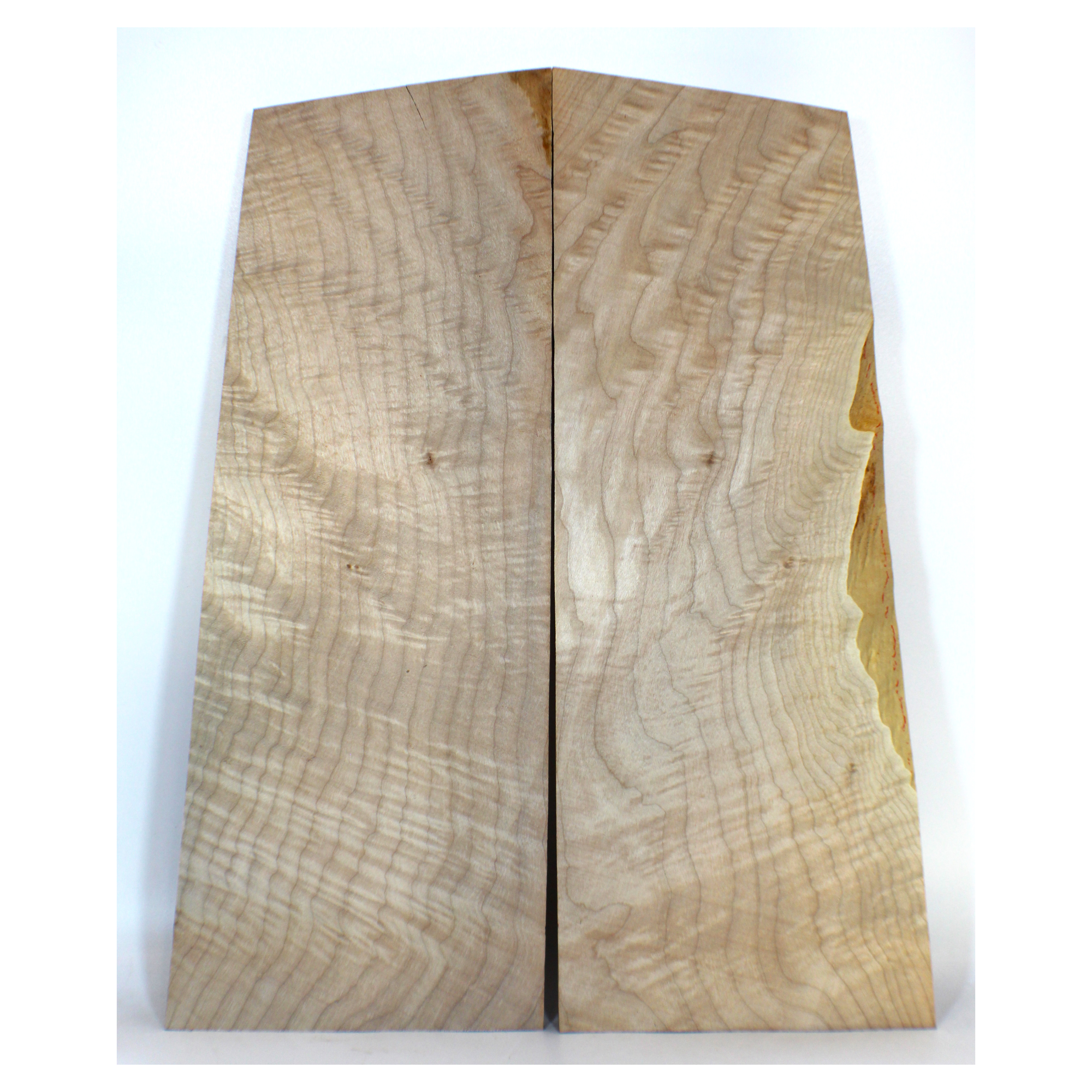 2-piece 3A flame maple book-matched set with consistent, light flat-sawn curl and bird pecks.  Dimensions: Thickness (each piece): .675