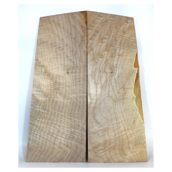 2-piece 3A flame maple book-matched set with consistent, light flat-sawn curl and bird pecks.  Dimensions: Thickness (each piece): .675", Width 8.5", Length: 22.5"