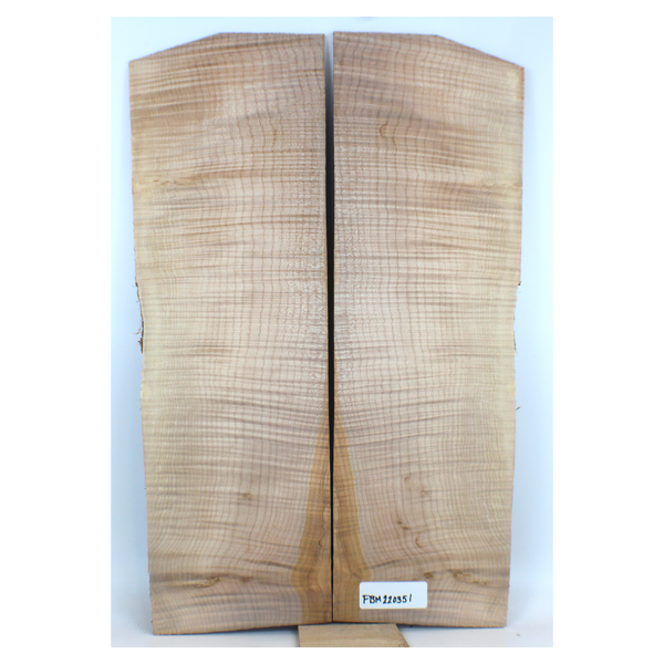 Beautiful 2-piece flame maple set with 5A grade figure, two-tone color, knot shadow, and bird pecks.  This set has been sanded to 400 grit.  Dimensions: Thickness (each piece): .25", Max width: 8", Length: 23.75".