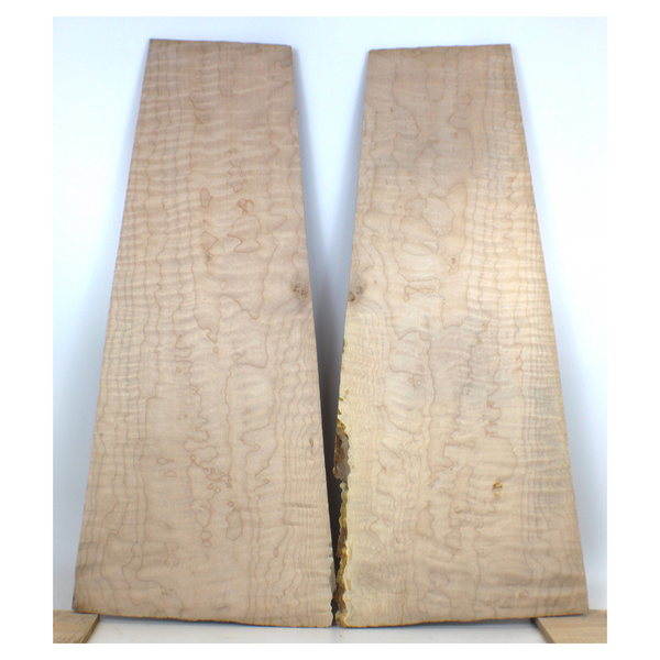 2-piece flame maple book-matched set with 5A flat-sawn figure, heavy ropy look, interesting grain pattern, and small pin knot.  This set has been sanded to 400 grit.  Dimensions: Thickness (each piece): .25", Max width: 9", Length: 21.75".