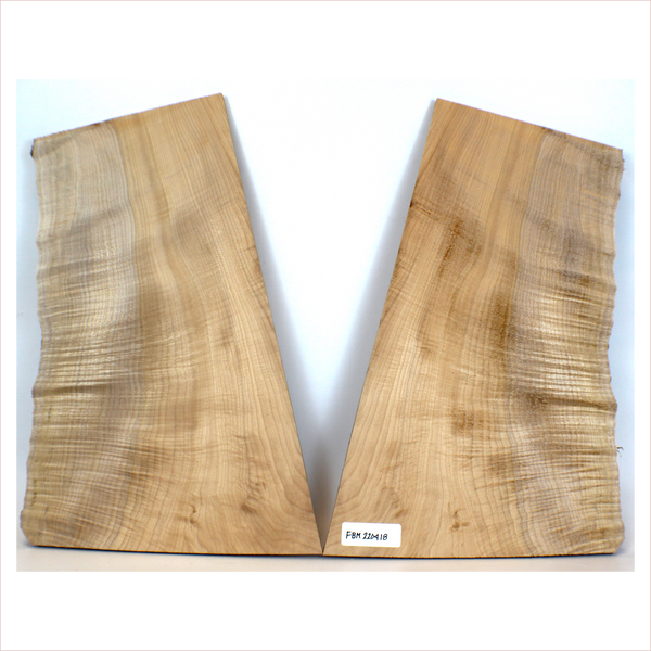 Dimensions: Thickness (each piece): .75", Width: 13" max, Length: 20.5"  2-piece flame maple bookmatched set with two-tone coloring, interesting shape, 4A figure and live edge.