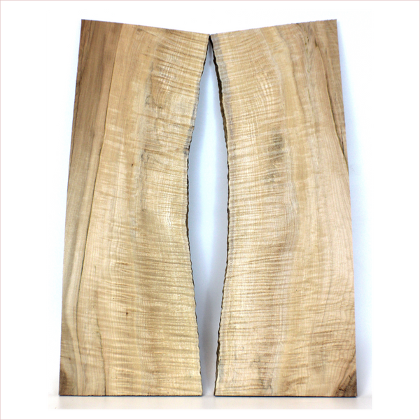 Dimensions: Thickness (each piece): .5", Width: 8", Length: 22.5"  2-piece set with 4A grade curl, color streaks, bird pecks and live edge.