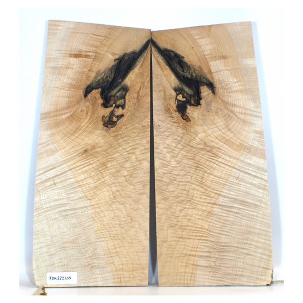 2-piece flame maple book-matched set with beautiful, high grade figure, two-tone color, and interesting void.  Dimensions: Thickness each piece: 1.25", Max width: 10", Length: 22".