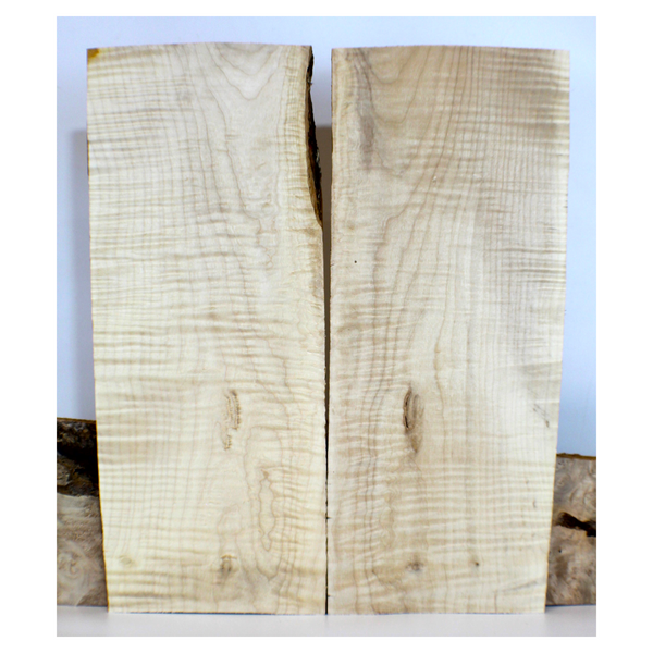 Dimensions: Thickness (each piece): .675", width: 7.75", length: 19".  2-piece flame set with 5A curl, and interesting white streak, small burls, and a semi-circle of really cool branch grow over.