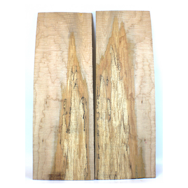 Dimensions each piece: Thickness 0.25", Max width 8.25", Max length 24.75".  Beautiful 2-piece spalted flame maple set with 5A flat-sawn curl and interesting bird pecks scattered throughout.