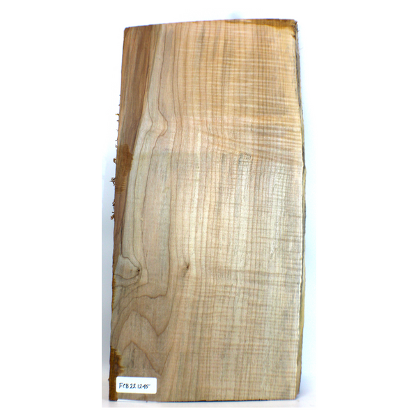Dimensions: Thickness 0.875", Max width 12.5", Max length 25.75".  Flame maple craft board with lots of color streaks, light two-toned heart, small knots, and live edge. 