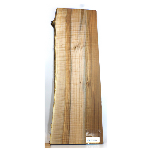 Dimensions: Thickness 0.875", Max width 10", Max length 28".  Beautiful flame maple craft board with interesting color streaks, two-tone heart wood, intense 5A curl, and live edge with small burl.
