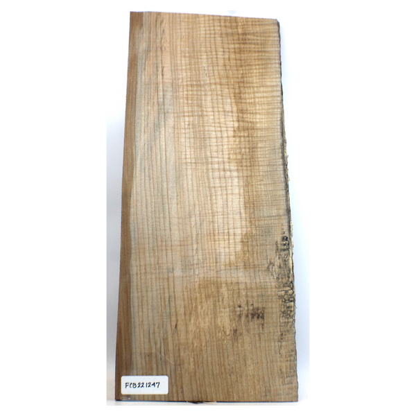 Dimensions: Thickness 0.875", Max width 10", Max length 22.75".  Flame maple craft board with slight heart band, blue stain streaks, light spalting, 5A curl, and live edge.