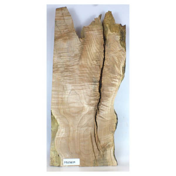 Dimensions: Thickness 0.875", Max width 12", Length 26.25".  Really cool flame maple craft board with a rough broken end, bark seam, live edge, and 5A grade flat-sawn curl across the entire surface.