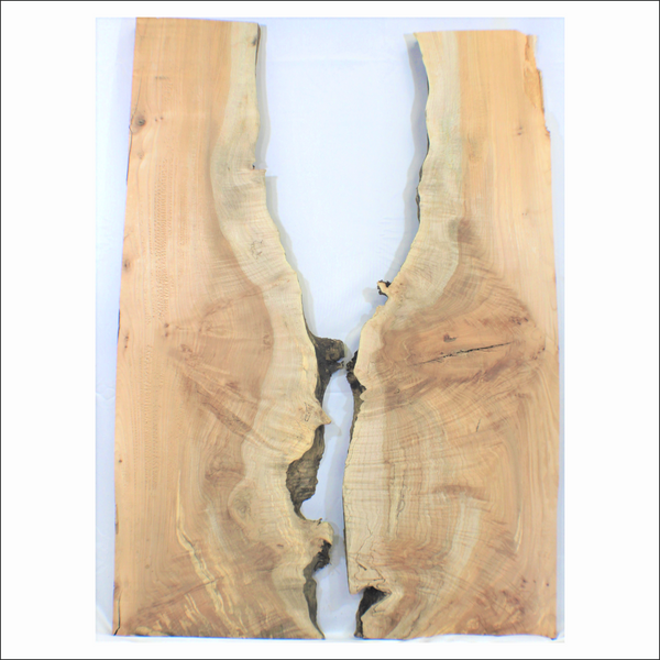 2-piece flame table set with light to medium curl throughout, burls, and live edge.  Dimensions: Thickness each piece: 1.25", Max width: 9", Length: 35".