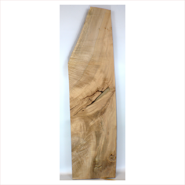 Dimensions: Thickness: 3.25". Max width: 12.5", Length: 49.5".  Interesting flame maple table slab with some live edge, 4A curl, large knot and feather.