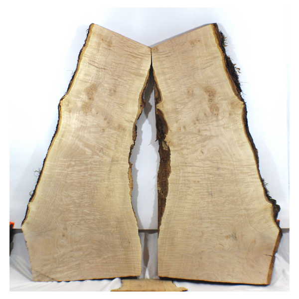 two-piece flame maple set with high curl, burls, and two live edges. Dimensions: thickness each piece: 1.25", max width: 16", length: 33".