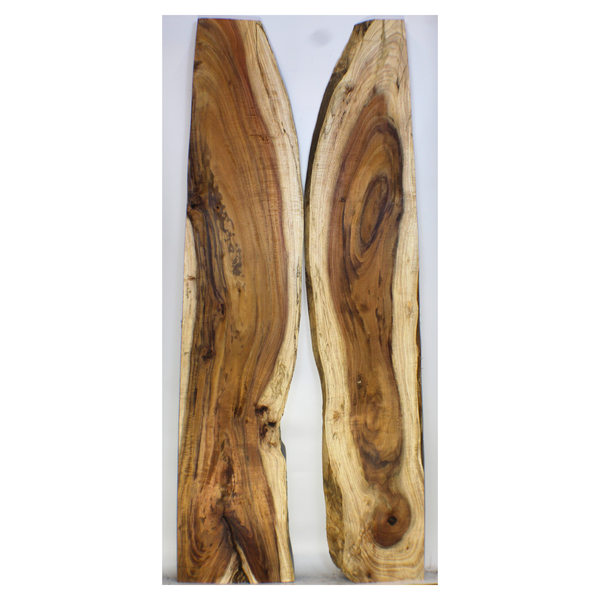 Dimensions: Thickness each piece: 1.125", Maximum width 11.5", Length 58.75".  Beautiful 2-piece, book-matched curly koa set with striking heart/sap variation, light spalting, 5A grade curl throughout, and live edge.