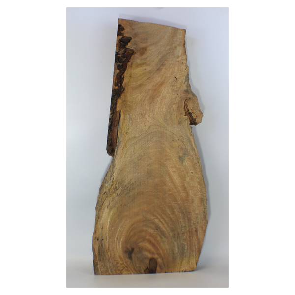 Dimensions: Thickness: 1.5", Max Width: 13.5", Length: 30".  Unique and beautiful mango board with wonderful color swirls, light to heavy curl, and live edge.
