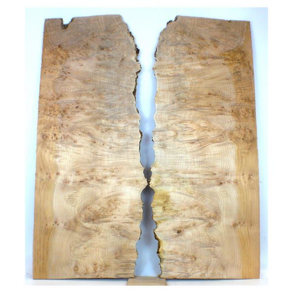 Music grade maple burl 2-piece set with heavy burl eyes, deep rays, and live edge.  This set has been sanded to 400 grit.  Dimensions: Thickness (each piece): .25", Max width: 11.5", Length: 28.5".