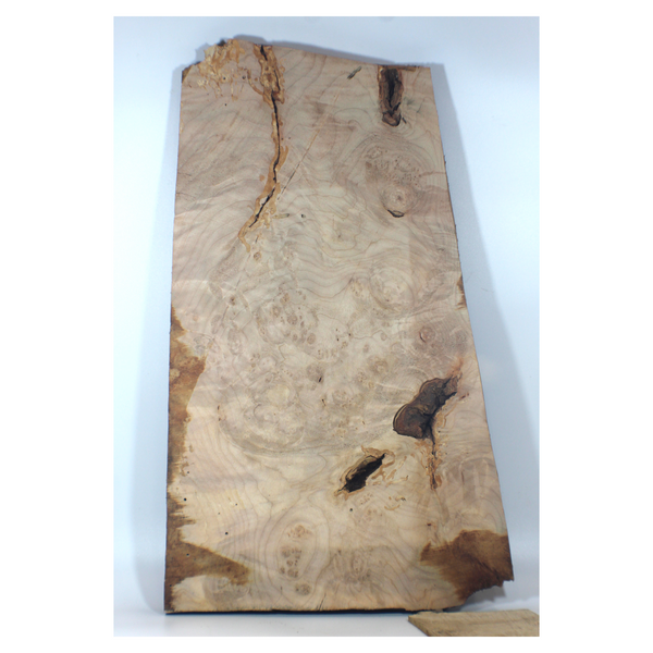 Maple burl craft board with heavy eye spots, curl, and interesting bark seam voids.  Dimensions: Thickness: 1.25", Max width: 25", Length: 15".