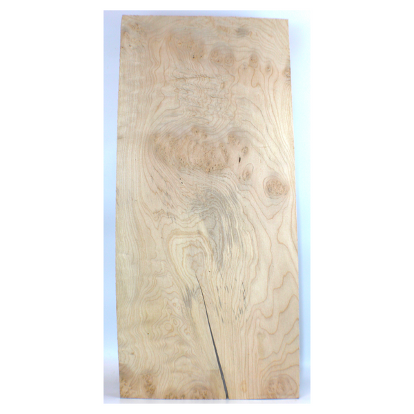 Dimensions: Thickness 1.25", Max width 11.5", Max length 25".  Maple burl craft board with large center burl and smaller burls throughout, quilting figure and large, interesting void.