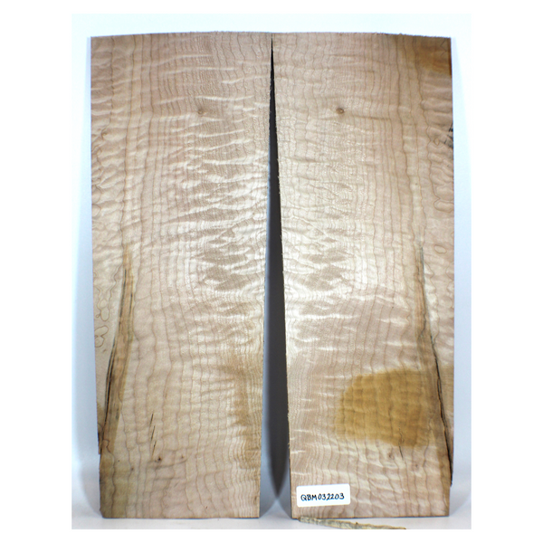2-piece quilted maple book-matched set.  3A grade figure throughout with color streak, pin knots and face check on sides.  Dimensions: Thickness (each piece) .675", Width: 9", Length: 24".