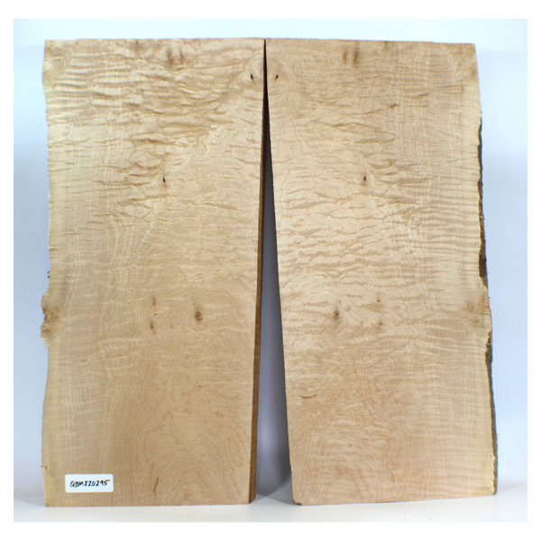 Interesting quilted maple 2-piece set with high grade figure and scattered burls and bird pecks throughout.  Dimensions: Thickness each piece: 1.25", Max width: 11", Length: 25".