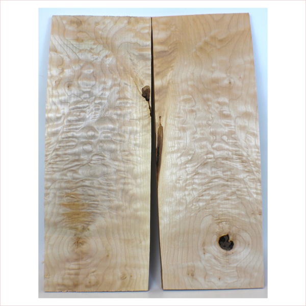 Dimensions: Thickness (each piece): .75", Width: 9.25", Length: 25.25".  2-Piece quilted maple book-match set with nice 3A figure, interesting bark inclusion and small void.