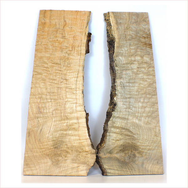 Dimensions: Thickness (each piece): .5", Max width: 9", Length: 23.5"  Beautiful, 2-piece quilted maple set with 4A figure, color striations, large burl, and live edge.