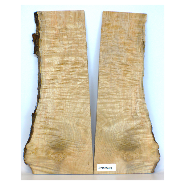 Dimensions: Thickness (each piece): .5", Max width: 9", Length: 23.5"  Beautiful, 2-piece quilted maple set with 4A figure, color striations, large burl, and live edge.